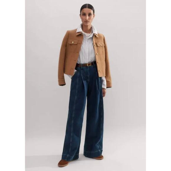ME+EM Soft Denim Pleated Pants Mid Wash Jean Denim Trousers 2 Wide Leg High - Picture 2 of 13